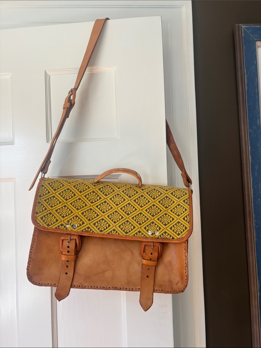 Handcrafted Tan Leather Satchel with Yellow Patterned Flap